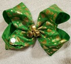 Jojo Siwa Large Hair Bow Barrette Christmas holiday Green metallic Gold Bells