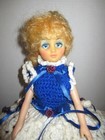 Vintage Handmade Bed Pillow Doll Crochet 50 s 60 s Sleepy Eyes Dress Blue white