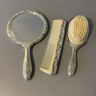 New Vintage 3 Piece Dresser Vanity Set Silver Plated Mirror Brush Comb Heavy