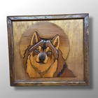 Vintage Wooden Wolf Intarsia Wood 3d Art Inlay 21x19    Wolf Head With Full Moon