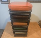 Mid-century Modern Asian Wooden Nesting Stackable Vinyl Ottoman Stools  5 Pcs  