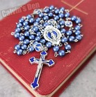 Miraculous Medal  rosary Necklace Blue Pearl Bead Virgin Mary Crucifix Cross Gift