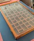Wooden Thimble Trinket Display Case 68 Compartments W  Glass Door Vtg 12 x20 25 