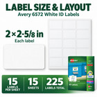 Avery 6572 White Id Labels 2 X 2-5 8 In 15 Sheets  225 Labels 
