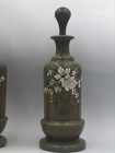 2 Antique Bristol Glass Vases Hand Painted Flowers Shabby Gray Opaque - I2