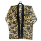 Japanese Happi Coat Gold Floral Crane Pattern Kimono Style Jacket Black Traditio