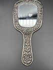 Vtg antique Silver Tone Embossed Hand Mirror 8    Floral Motif Vanity Asfound Read