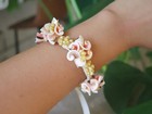 Hawaiian Jewelry Pink Everlasting Shell Yellow Mongo Raffia Bracelet   qty 2 