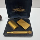 Vintage Gillette Safety Razor Set W  Brush   Case     Gold Tone     Usa 
