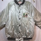 Vtg 70 s Special Export Beer Patch Silver White Satin Jacket Striped Cuff Sz L