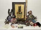 Vintage Primitive Folk Art Handmade Stuffed Animals Dolls Lot Ooak Bear Rabbit