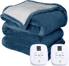 King Size Electric Heated Blanket  Dual Control  Soft Flannel Sherpa  Navy