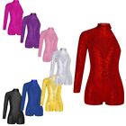 Kid Girls Sequin Gymnastics Leotard Long Sleeve Dance 1 Piece Bodysuit Dancewear