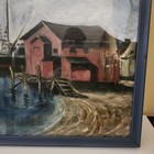 Vintage antique Signed Painting Dock  Harbor pier fishing Boat sea Shore Aged 