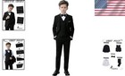 Elegant Boys Black Tuxedo Suit Set - Slim Fit  Adjustable Waist  5-piece