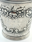 Antique Coin Silver Floral Repousse 1852 Baby Cup  Engraved Bourne