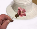 Hatpin With Peach Fabric Flower   Pearl  rhinestones Set In Gold Finish - 8 Inch