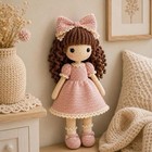 Handmade Crochet Yarn Girl Play Doll Dark Complexion Pink Dress Bow Curly Hair