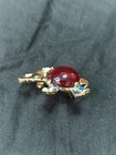 Vintage Mid Century Jelly Belly Jeweled Gold Tone Elephant Trunk Up Brooch Pin