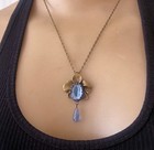 Vintage Necklace Art Nouveau Orchid Pendant Blue Rhinestone Antique Czech Glass