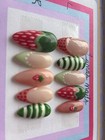 Press-on Nails Strawberry Fruit Pink White Green Almond Medium Shiny Full Cover