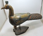 Antique Wooden Large Peacock Figurine Spice Box Original Old Very Fine Hand Carv