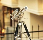 Brass Double Barrel Mini Telescope With Wooden Tripod Stand Vintage Navy Ship