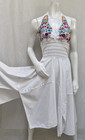 Beautiful Vtg Mexican White Cotton Multi Colored Embroidered Halter Dress - Os
