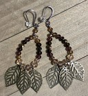 Crystal Faceted Multicolor Beads Leaf Charm Earrings Hand Hammered Ear Hook