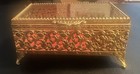 Vtg Shiny Gold Tone Ornate Brass Filigree Jewelry Box glass Lid red Velvet Lined