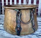 Large Antique Copper Kettle Cauldron Primitive Hand Hammered Iron Handles Nice    