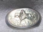 Cowboy Riding Horse Oval Belt Buckle Engraved Edge Great Vintage