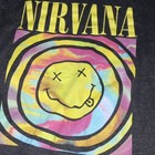Nirvana Black T-shirt Yellow Smiley Swirl spiral Graphic  Size L