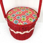 Vintage Red Wicker Sewing Basket Japan Round 1960s Floral Fabric Lid 8 Inch