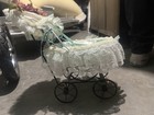 Vintage Miniature Doll Baby Carriage Buggy W  Lace Canopy  Light Blue Liner