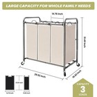 Beige Laundry Sorter Hamper With Wheels 3 Sections Heavy-duty Rolling Cart
