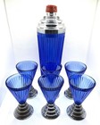 Vintage Art Deco Cabot Blue Ridged Glass Cocktail Shaker With 6 Glasses Bar Set