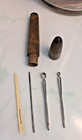 Antique Sewing Tools     Handcarved Bone Needle  2 Cases  Brass Thimble  Oil Can