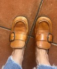 Vintage 70s 8 Wedge Shoes Funky Leather Crepe Sole Big Buckle Chunky Platform