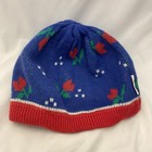 Vintage Oshkosh Beret Knit Hat Beanie Ruched Red Blue Floral Intarsia Made Korea