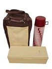 Vintage Thermos Red Pink Metal Picnic Set With Sandwich Box   Leather Bag Rare