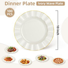 100pcs Ivory Plastic Plates 10 Inch  Wavy Plates With Gold Rim   Heavy Duty Dinn