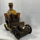 Vintage Spain Recuerdo Car Decanter Set Amber Glasses Wood Brass Barware Set Htf