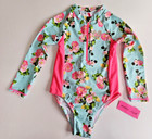 Betsey Johnson Girls 10  1 Pc Rash Guard Bodysuit Swimsuit Long Sleeve Pink Aqua