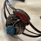 Vintage Signed Native American Turquoise Coral Sterling Silver Cuff Bracelet