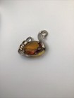 Vintage Silver Tone Swan Brooch W  Large Orange Rhinestone -unsigned-
