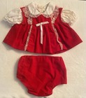 Vintage Baby Girl Red Velvet Dress Ruffle Sleeve 0-6m Embroidered Lace Trim