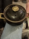 Vintage Normandy 1 Quart Black Enamel Cook Pot With Brass Handles   Venting Lid