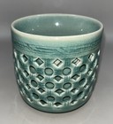 Korean Celadon Reticulated Double Wall Basket Weave Cup Vase 3 25   h Signed