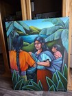 Vintage Beautiful Original 24   30  Mexican Folk Art Going To Market Oil Painting